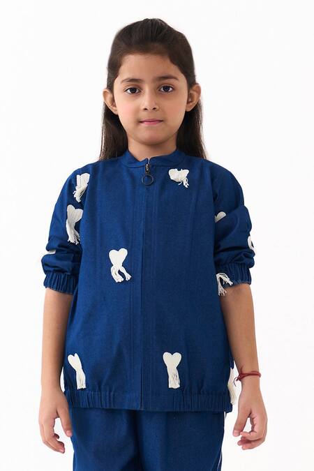 Shop_Three_Blue Denim Embroidery, Piping Bomber Jacket And Pant Set _Online_at_Aza_Fashions