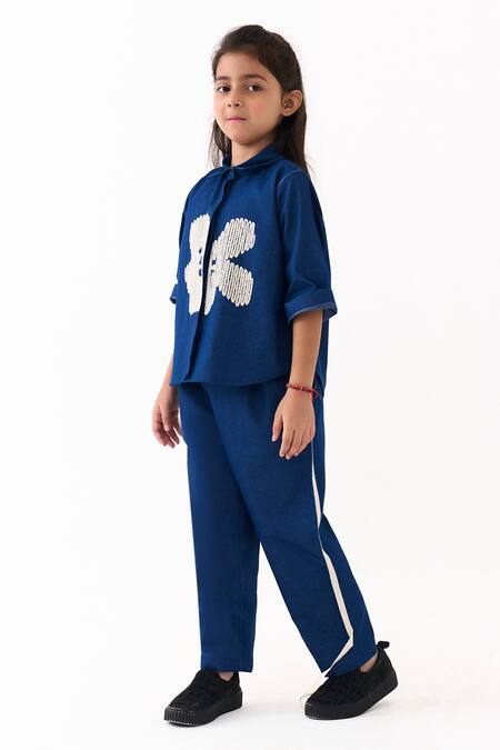Three_Blue Denim Embroidery Floral Shirt And Pant Set _Online_at_Aza_Fashions