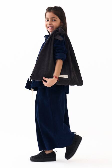 Three_Navy Corduroy Top And Inverted Pleat Pant Set _Online_at_Aza_Fashions