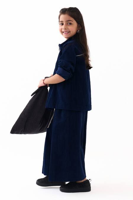 Buy_Three_Navy Corduroy Top And Inverted Pleat Pant Set _Online_at_Aza_Fashions