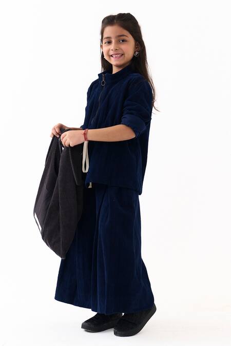 Shop_Three_Navy Corduroy Top And Inverted Pleat Pant Set _Online_at_Aza_Fashions