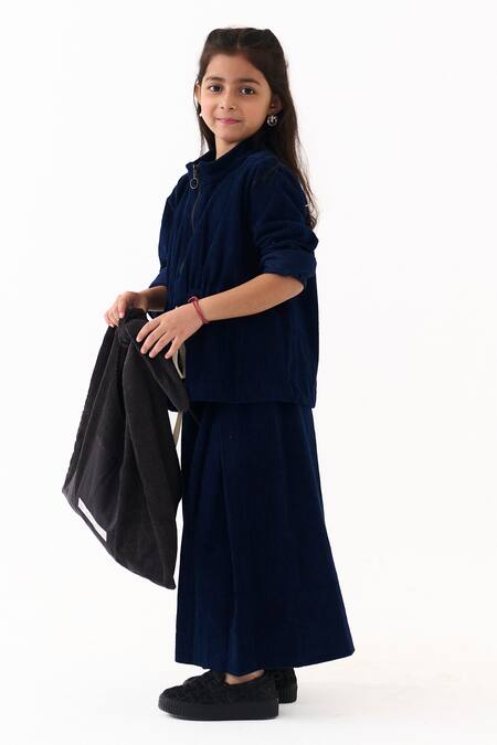 Three_Navy Corduroy Top And Inverted Pleat Pant Set _at_Aza_Fashions