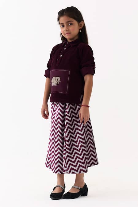 Three_Wine Corduroy, Velvet Embroidery Patch Top And Chevron Skirt Set _Online_at_Aza_Fashions