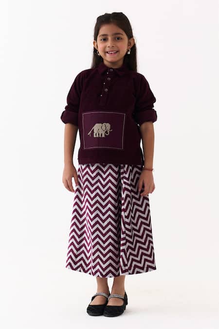 Buy_Three_Wine Corduroy, Velvet Embroidery Patch Top And Chevron Skirt Set _Online_at_Aza_Fashions