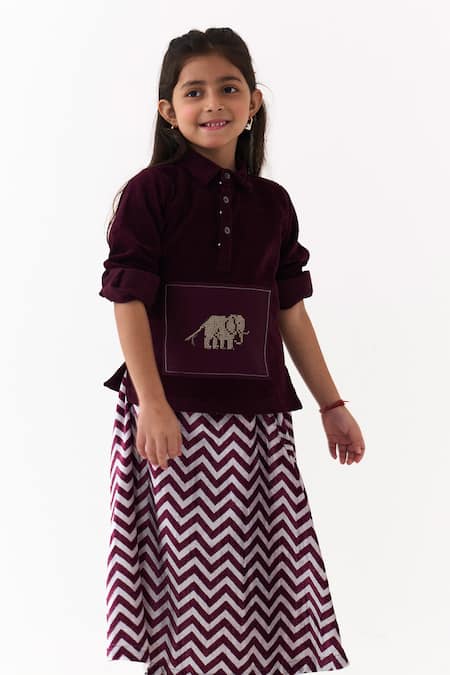 Shop_Three_Wine Corduroy, Velvet Embroidery Patch Top And Chevron Skirt Set _Online_at_Aza_Fashions