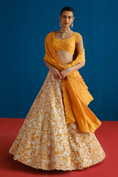 Mishru_Orange Tulle, Organza, Silk Embroidery, Sequins Round Celia Blouse Lehenga Set _at_Aza_Fashions
