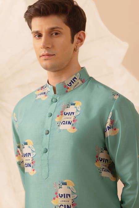 Eleven Brothers_Green Silk Printed Mandarin Collar Kurta _Online_at_Aza_Fashions