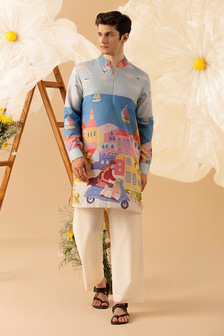 Eleven Brothers_Multi Color Silk Cityscape Print Kurta _Online_at_Aza_Fashions
