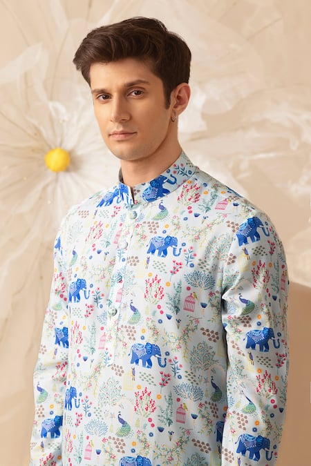 Eleven Brothers_Blue Silk Elephant And Peacock Print Kurta _Online_at_Aza_Fashions