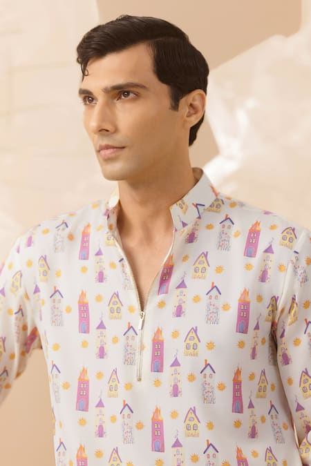 Eleven Brothers_Yellow Silk Printed Kurta _Online_at_Aza_Fashions