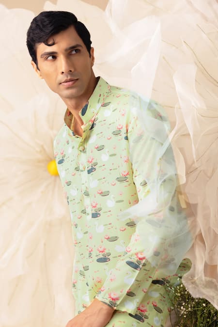 Eleven Brothers_Green Silk Swan And Lotus Print Kurta _Online_at_Aza_Fashions