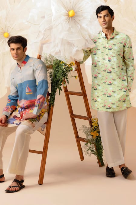 Buy_Eleven Brothers_Green Silk Swan And Lotus Print Kurta _Online_at_Aza_Fashions