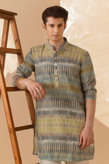 Eleven Brothers_Green Silk Printed Kurta _Online_at_Aza_Fashions