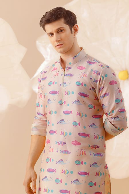 Eleven Brothers_Pink Silk Fish Print Kurta _Online_at_Aza_Fashions