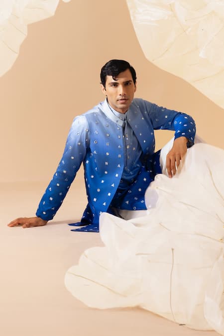 Eleven Brothers_Blue Silk Mirrors Ombre Geometric Embellished Nehru Jacket _Online_at_Aza_Fashions