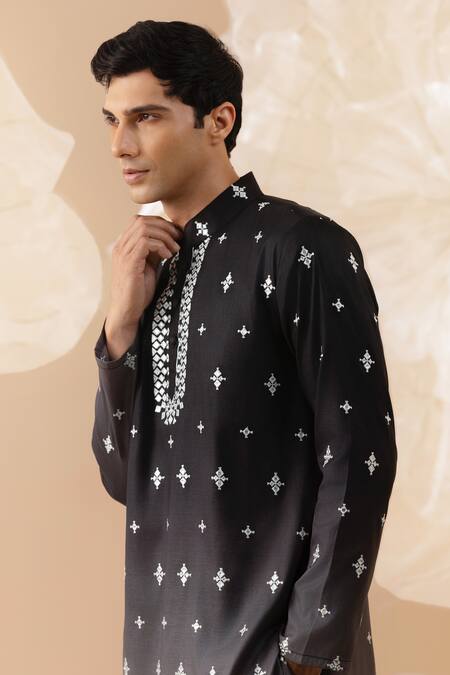 Eleven Brothers_Black Silk Embroidery, Mirrors Ombre Kurta And Pant Set _Online_at_Aza_Fashions