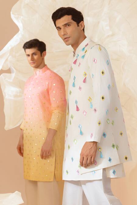 Eleven Brothers_Off White Silk Mirrors, Tassels Embroidered Nehru Jacket And Kurta Set _Online_at_Aza_Fashions