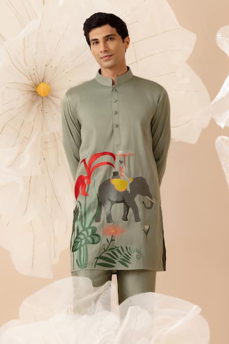Eleven Brothers_Green Silk Embroidery Elephant Kurta And Pant Set _Online_at_Aza_Fashions