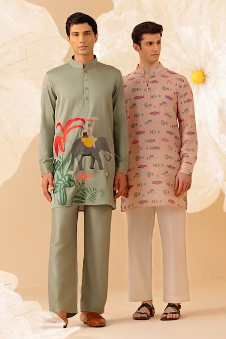 Buy_Eleven Brothers_Green Silk Embroidery Elephant Kurta And Pant Set _Online_at_Aza_Fashions