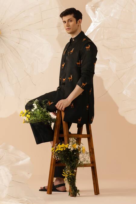 Eleven Brothers_Black Silk Embroidery Deer Nehru Jacket And Kurta Set _Online_at_Aza_Fashions