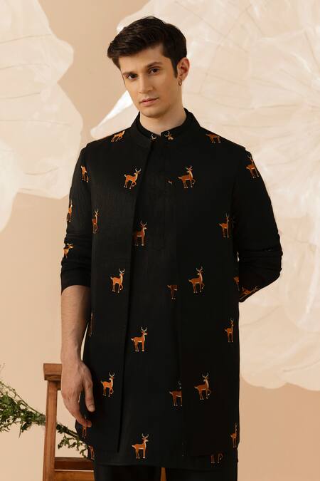 Buy_Eleven Brothers_Black Silk Embroidery Deer Nehru Jacket And Kurta Set _Online_at_Aza_Fashions