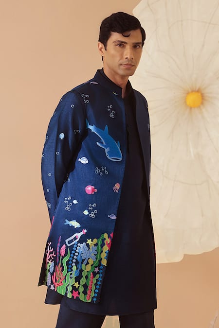 Eleven Brothers_Blue Silk Embroidery Underwater Nehru Jacket And Kurta Set _Online_at_Aza_Fashions