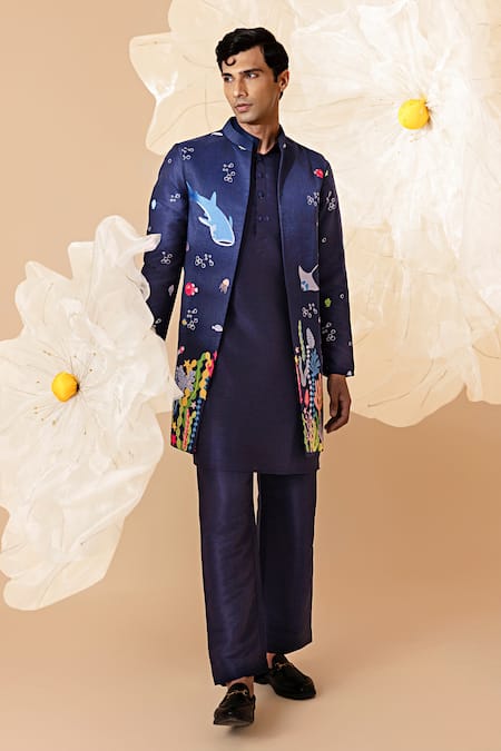 Eleven Brothers Underwater Embroidered Nehru Jacket & Kurta Set 