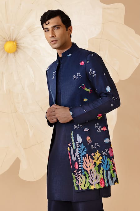 Shop_Eleven Brothers_Blue Silk Embroidery Underwater Nehru Jacket And Kurta Set _Online_at_Aza_Fashions
