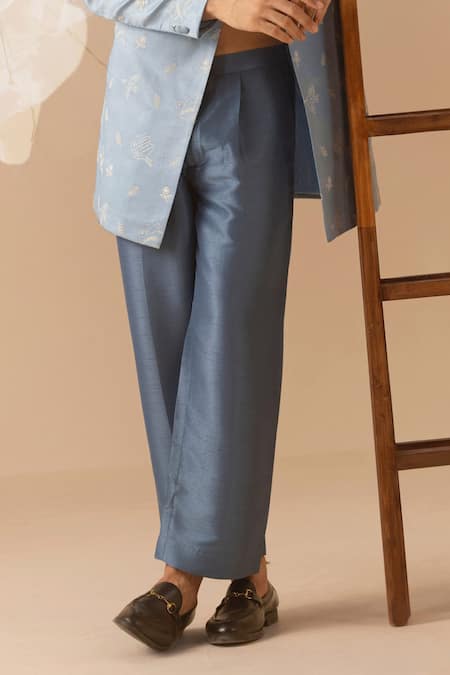 Eleven Brothers_Blue Silk Embroidery Bird Bandhgala And Pant Set _Online_at_Aza_Fashions