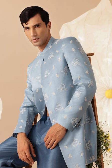 Buy_Eleven Brothers_Blue Silk Embroidery Bird Bandhgala And Pant Set _Online_at_Aza_Fashions