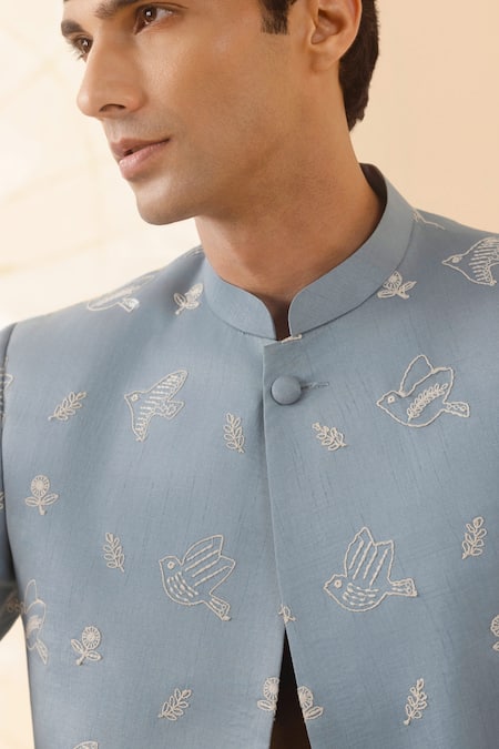Eleven Brothers_Blue Silk Embroidery Bird Bandhgala And Pant Set _at_Aza_Fashions