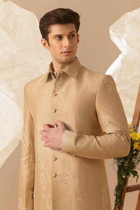 Eleven Brothers_Beige Silk Embroidery Jacket Pant Set _Online_at_Aza_Fashions