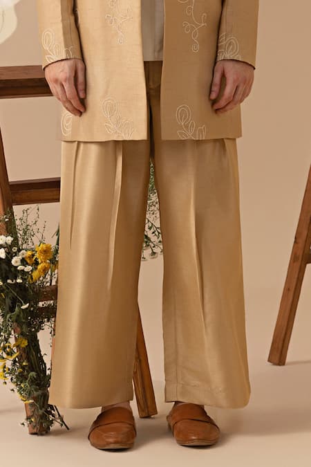 Buy_Eleven Brothers_Beige Silk Embroidery Jacket Pant Set _Online_at_Aza_Fashions