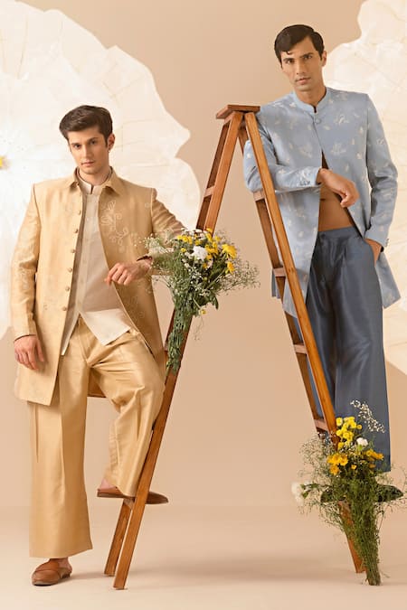 Shop_Eleven Brothers_Beige Silk Embroidery Jacket Pant Set _Online_at_Aza_Fashions