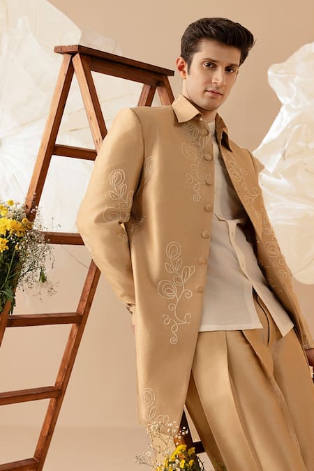 Eleven Brothers_Beige Silk Embroidery Jacket Pant Set _at_Aza_Fashions