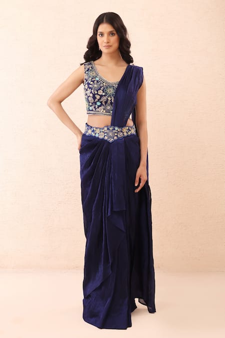 Priyanka Jain_Blue Dupion, Crinkle, Silk Embroidery, Pearls, Pre-draped Saree With Blouse _Online_at_Aza_Fashions