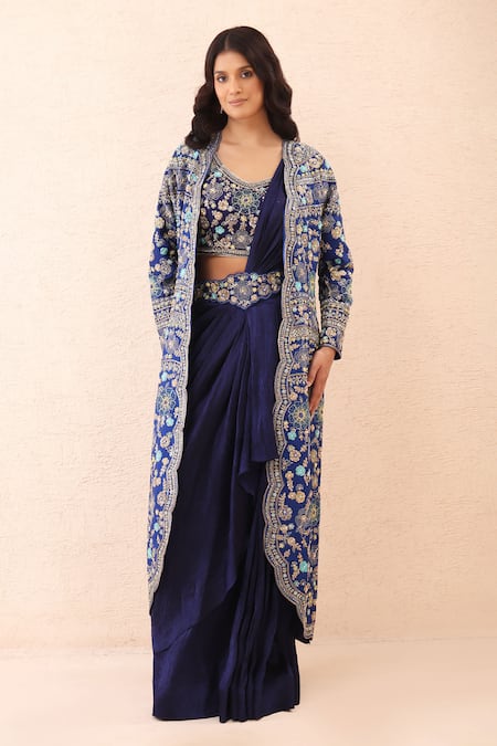 Priyanka Jain_Blue Dupion, Crinkle, Silk Embroidery, Pearls, Pre-draped Saree With Blouse _at_Aza_Fashions