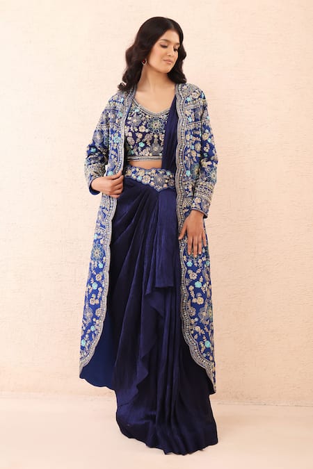 Shop Priyanka Jain Blue Dupion, Crinkle, Silk Embroidery, Pearls, Pre-draped Saree With Blouse Shop_Priyanka Jain_Blue Dupion, Crinkle, Silk Embroidery, Pearls, Pre-draped Saree With Blouse