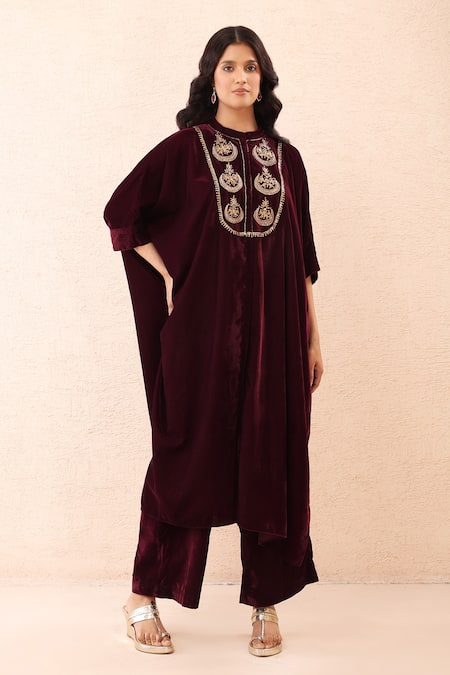 Priyanka Jain_Wine Velvet Embroidery, Sequins, Pearls Mandarin Collar Dori Kaftan And Pant Set _Online_at_Aza_Fashions