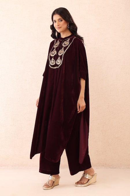 Buy_Priyanka Jain_Wine Velvet Embroidery, Sequins, Pearls Mandarin Collar Dori Kaftan And Pant Set _Online_at_Aza_Fashions