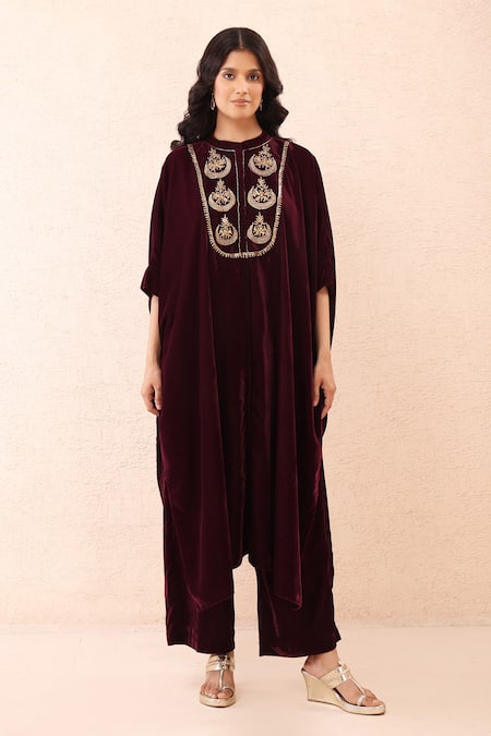 Shop_Priyanka Jain_Wine Velvet Embroidery, Sequins, Pearls Mandarin Collar Dori Kaftan And Pant Set _Online_at_Aza_Fashions