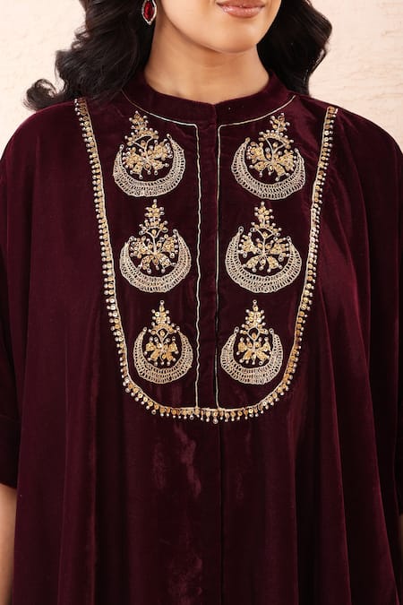 Priyanka Jain_Wine Velvet Embroidery, Sequins, Pearls Mandarin Collar Dori Kaftan And Pant Set _at_Aza_Fashions