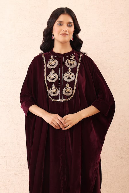 Shop_Priyanka Jain_Wine Velvet Embroidery, Sequins, Pearls Mandarin Collar Dori Kaftan And Pant Set 