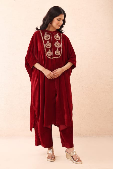 Buy_Priyanka Jain_Red Velvet Embroidery, Sequins, Pearls Mandarin Collar Dori Kaftan And Pant Set _Online_at_Aza_Fashions