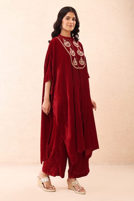 Shop_Priyanka Jain_Red Velvet Embroidery, Sequins, Pearls Mandarin Collar Dori Kaftan And Pant Set _Online_at_Aza_Fashions