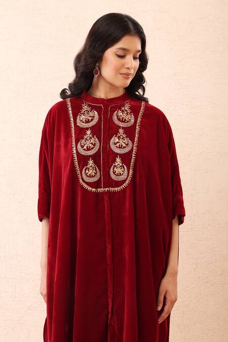 Priyanka Jain_Red Velvet Embroidery, Sequins, Pearls Mandarin Collar Dori Kaftan And Pant Set _at_Aza_Fashions