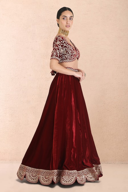 Priyanka Jain_Burgundy Velvet Embroidery, Sequins, Pearls, Metallic Thread V-neck Lehenga Set _Online_at_Aza_Fashions
