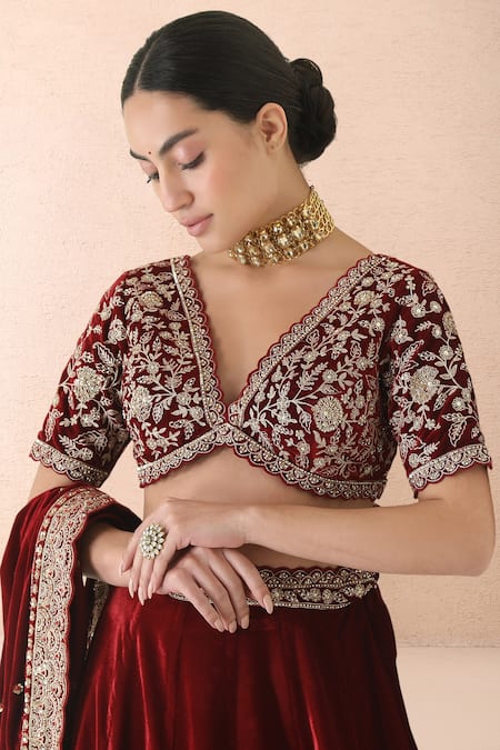 Shop_Priyanka Jain_Burgundy Velvet Embroidery, Sequins, Pearls, Metallic Thread V-neck Lehenga Set _Online_at_Aza_Fashions