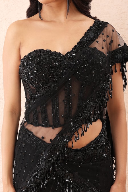 Priyanka Jain_Black Net Sequins, Beads, Tassels Embroidered Pre-draped Saree With Blouse _Online_at_Aza_Fashions