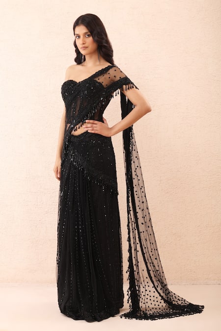 Buy_Priyanka Jain_Black Net Sequins, Beads, Tassels Embroidered Pre-draped Saree With Blouse _Online_at_Aza_Fashions